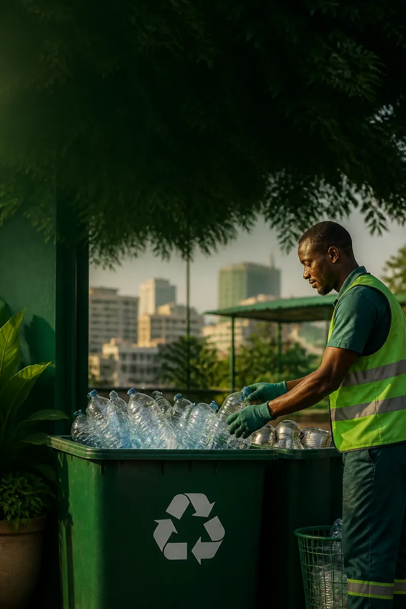 A recycling professional sorting plastic bottles at a clean collection point